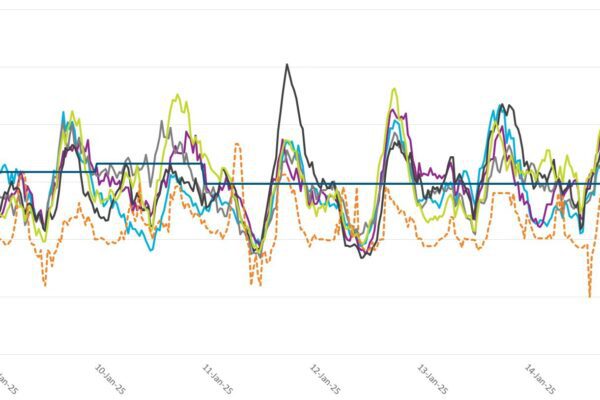Price Simulations Comparison graph of simulated Japanese power price paths versus forward curve and historical spot prices.